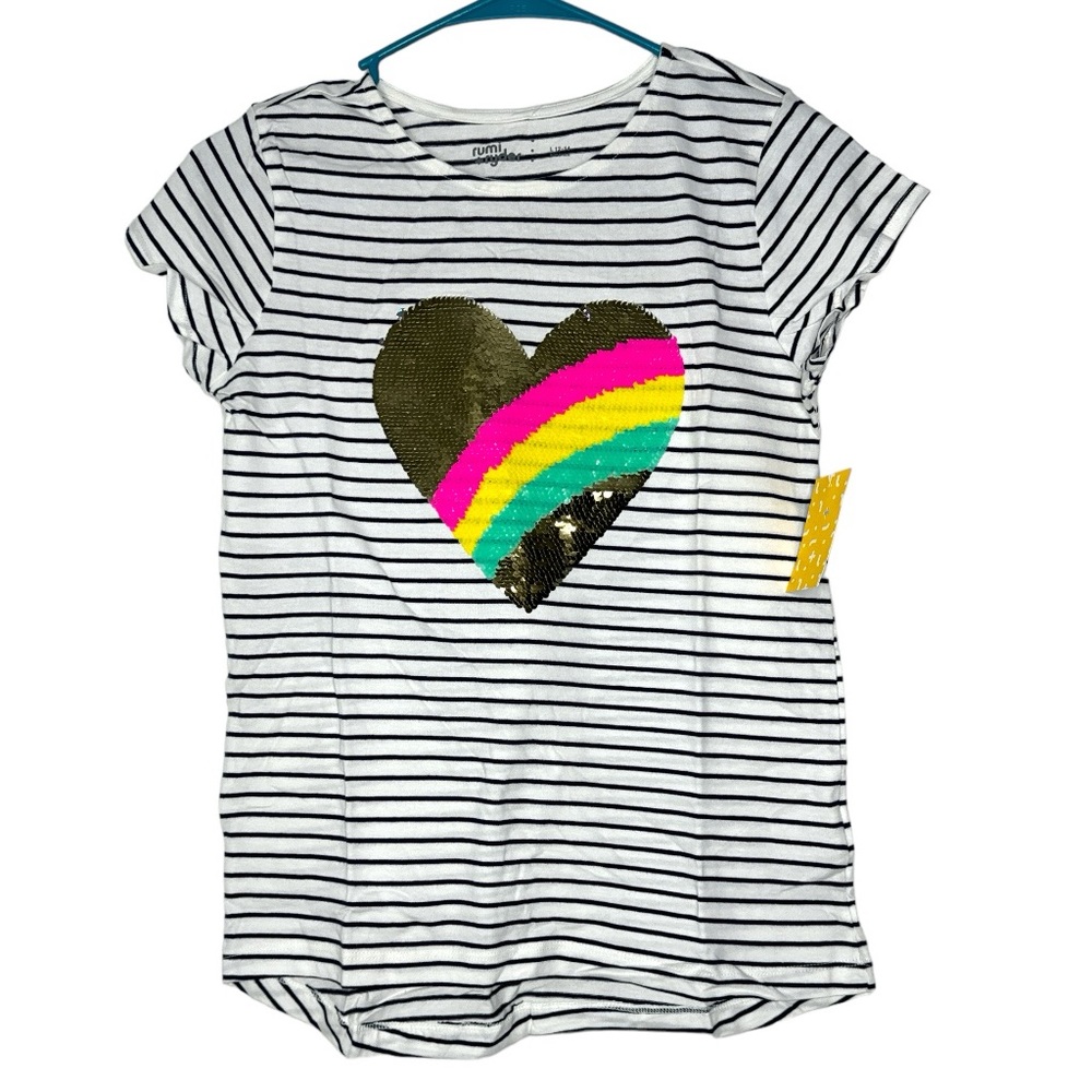 Rumi+Ryder Striped Sequin Heart Short Sleeve NWT